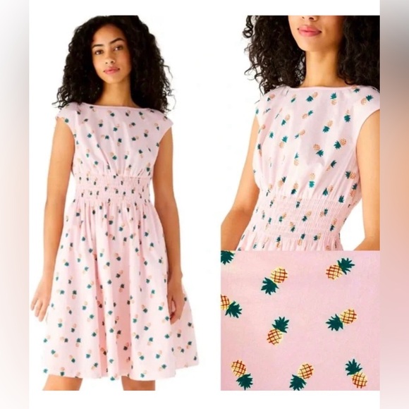 Kate Spade Pineapple Blaire Dress Pink Smocked Cap Sleeve Pockets Women’s sz XL - Picture 1 of 10